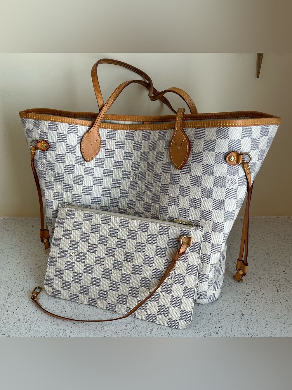 Louis Vuitton Damier Azur Neverfull MM Tote Bag with Pochette